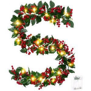5.6Ft Christmas Holly Red Berry‎ Realistic Garland for Indoor/Outdoor Decor